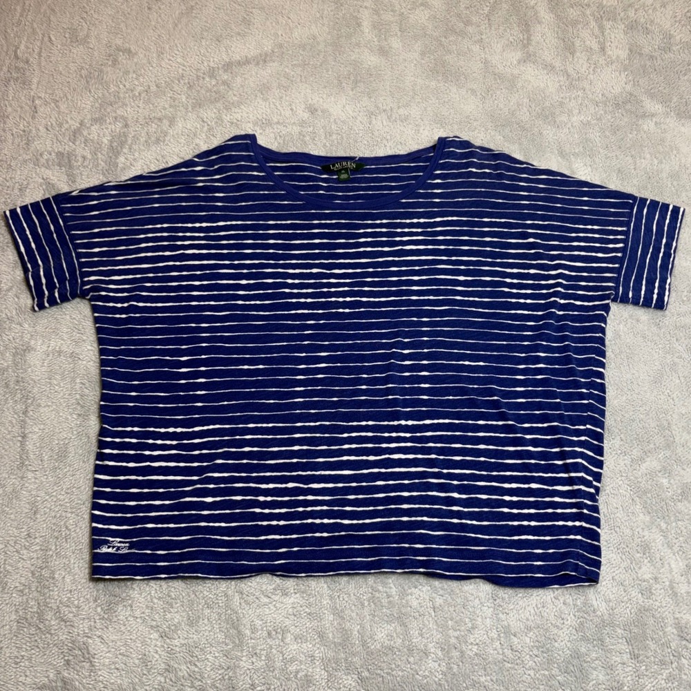 Lauren Ralph Lauren T-Shirt Womens XL Blue White Striped 100% Cotton Boxy Top